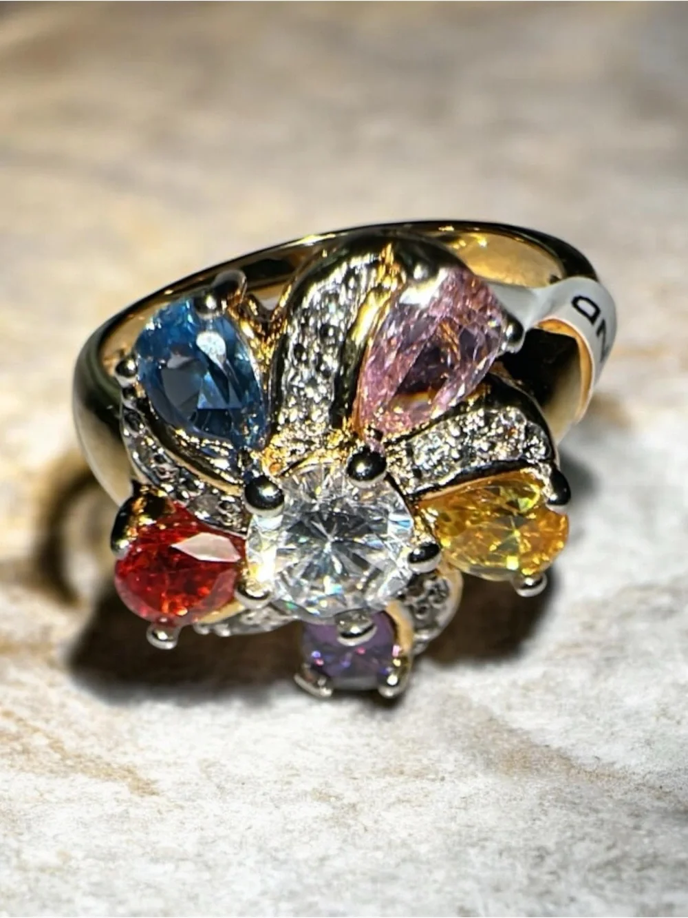 14kt Gold Electroplated Multicolor Gemstone Flower Ring